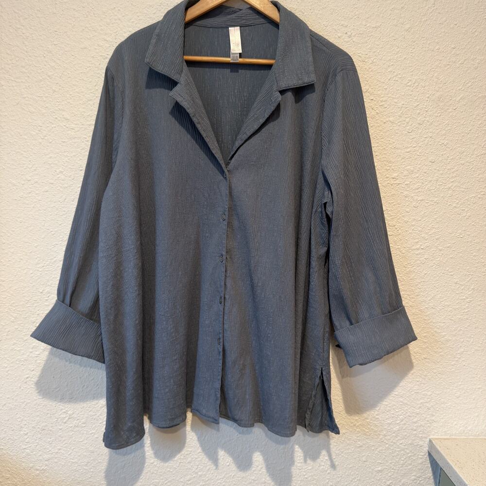 Marla Wynne Plus 2X Blue Crinkle Textured Preppy Coastal Resort Casual Chic Top
